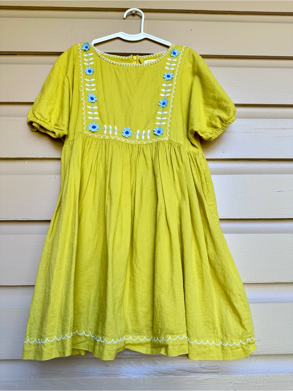 Mini Boden Yellow Dress Girls Size 6-7 Cotton Blue Flowers